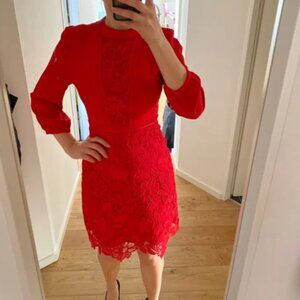 Essentiel Antwerp Vibrant Red Guipure Lace Dress - 3/4 Sleeves